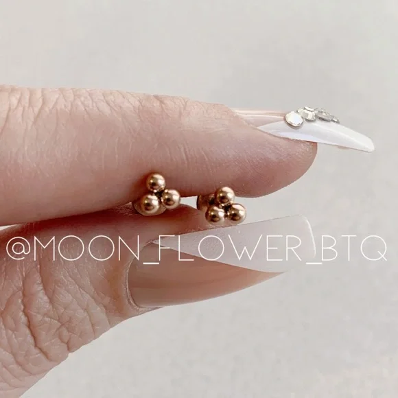 Tiny Rose Gold Triple Ball Dot Flat Back Earrings - Picture 2 of 7